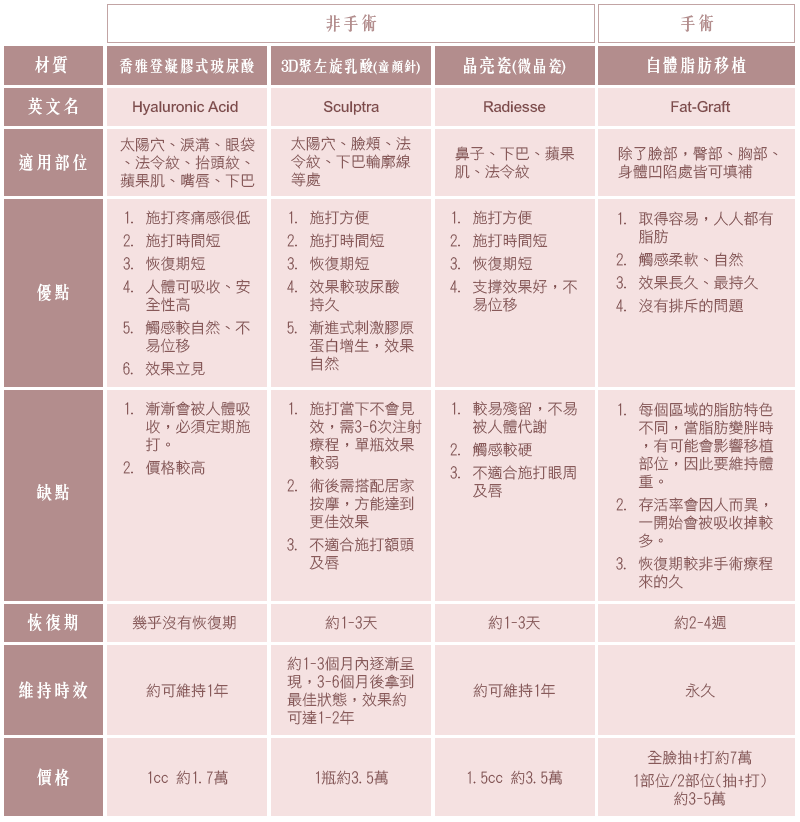 微整臉部填補比較表