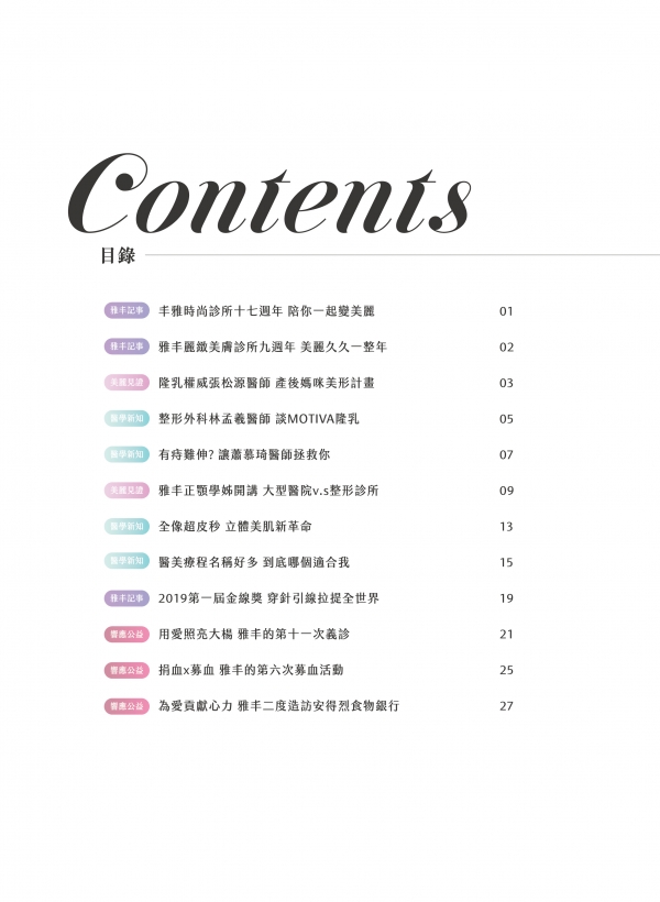 雅丰美人誌79期目錄｜整形外科｜光電注射｜皮膚專科｜預防醫學｜中醫