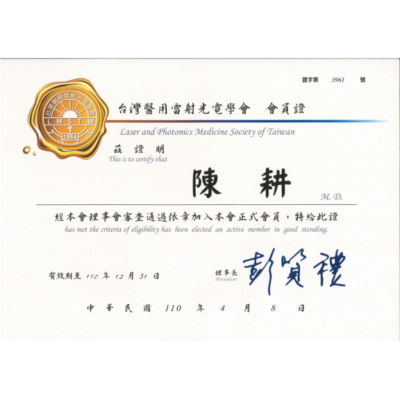 台灣醫用雷射光電學會證書